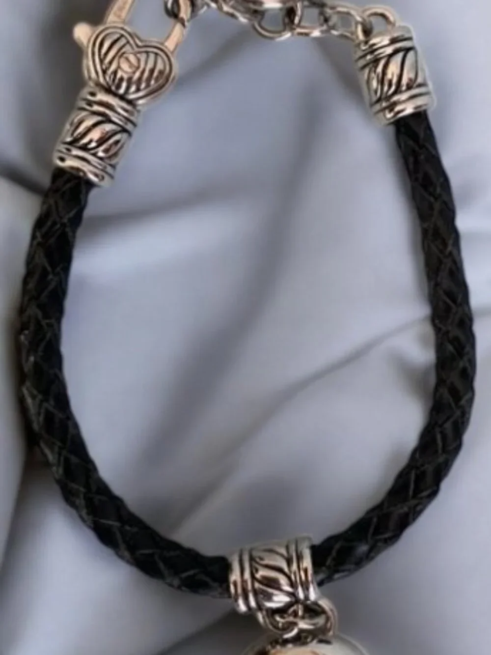 Black Braided Leather Band Silvertone Heart Charm Ladies Quartz Watch